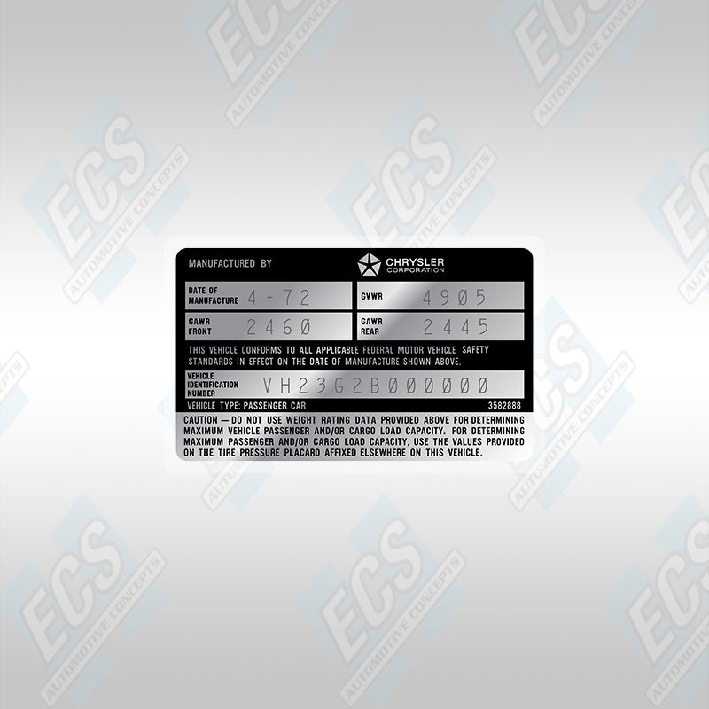 VIN Data Decal (1972-89 Mopar Vehicles) – ECS Automotive Concepts