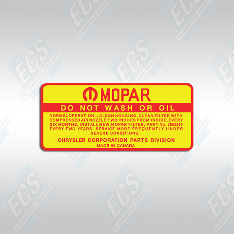 1968-71 Mopar: Air Cleaner Element Instruction Decal
