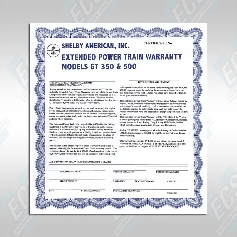 1969-70 Shelby Mustang Warranty Certificate