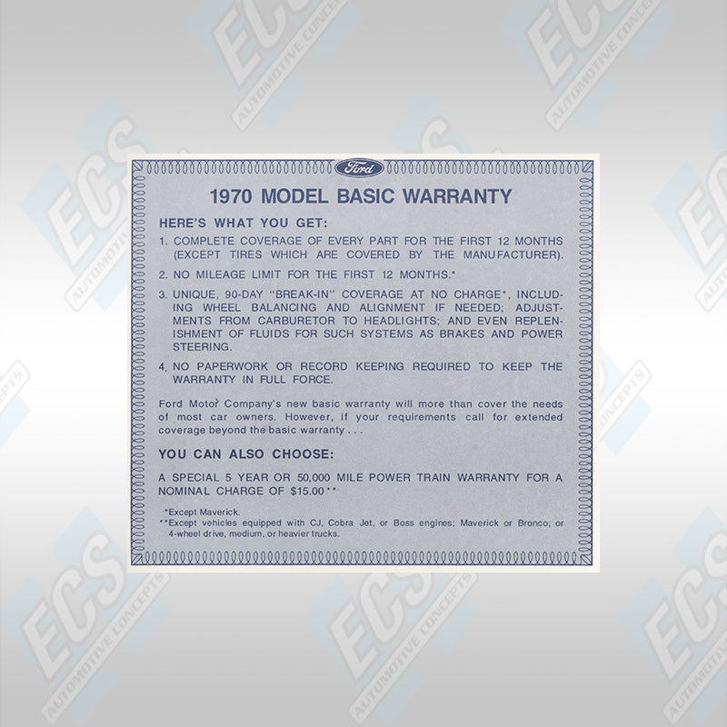 1970 Ford Model Basic Warranty Information