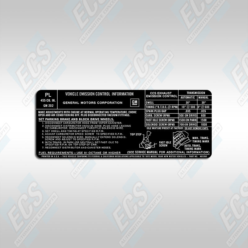 1972 Pontiac Emission Control Decal ECS Automotive Concepts